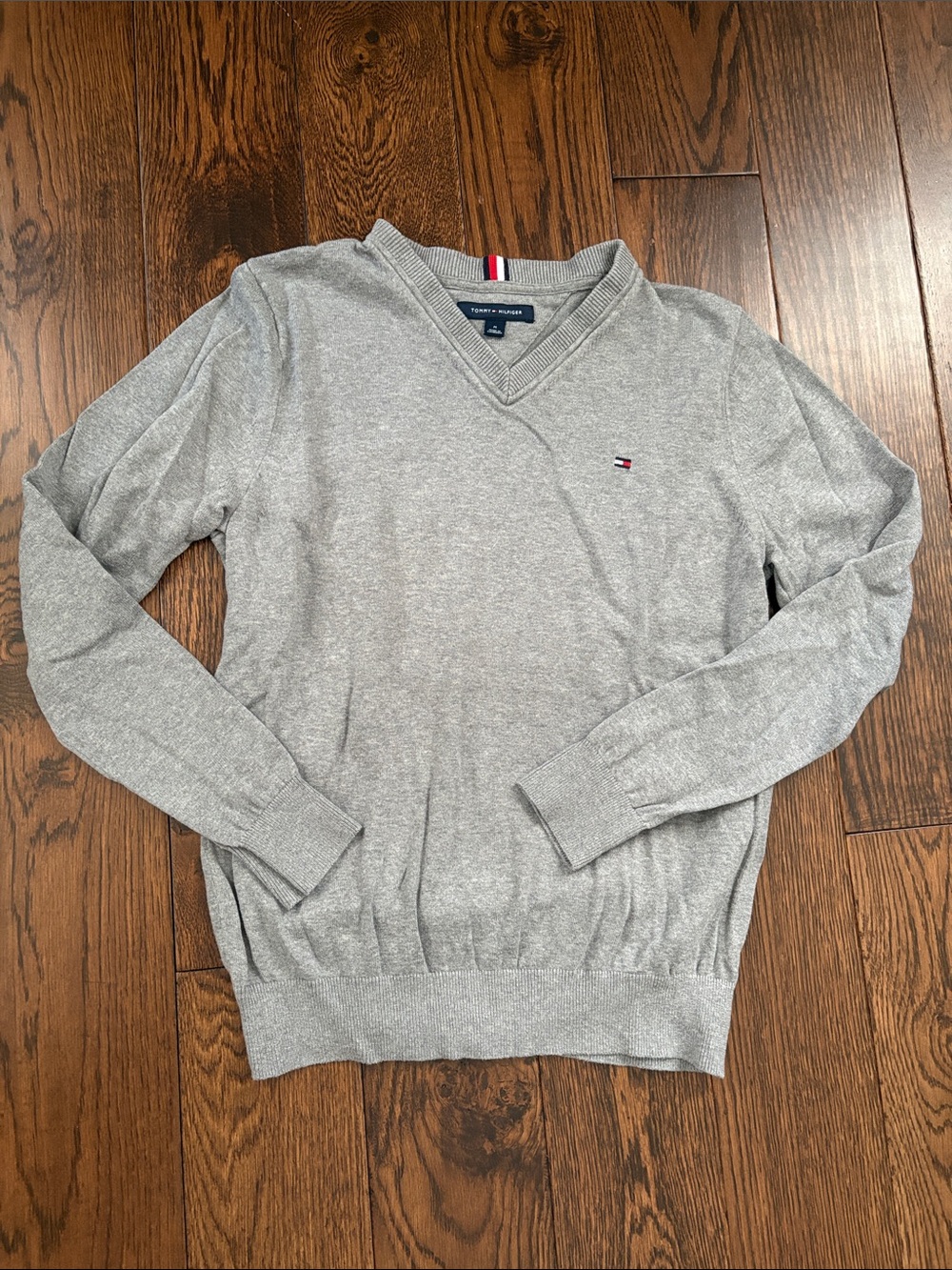 Tommy Hilfiger Men's V-Neck Sweater - Heather Gray with Flag Logo